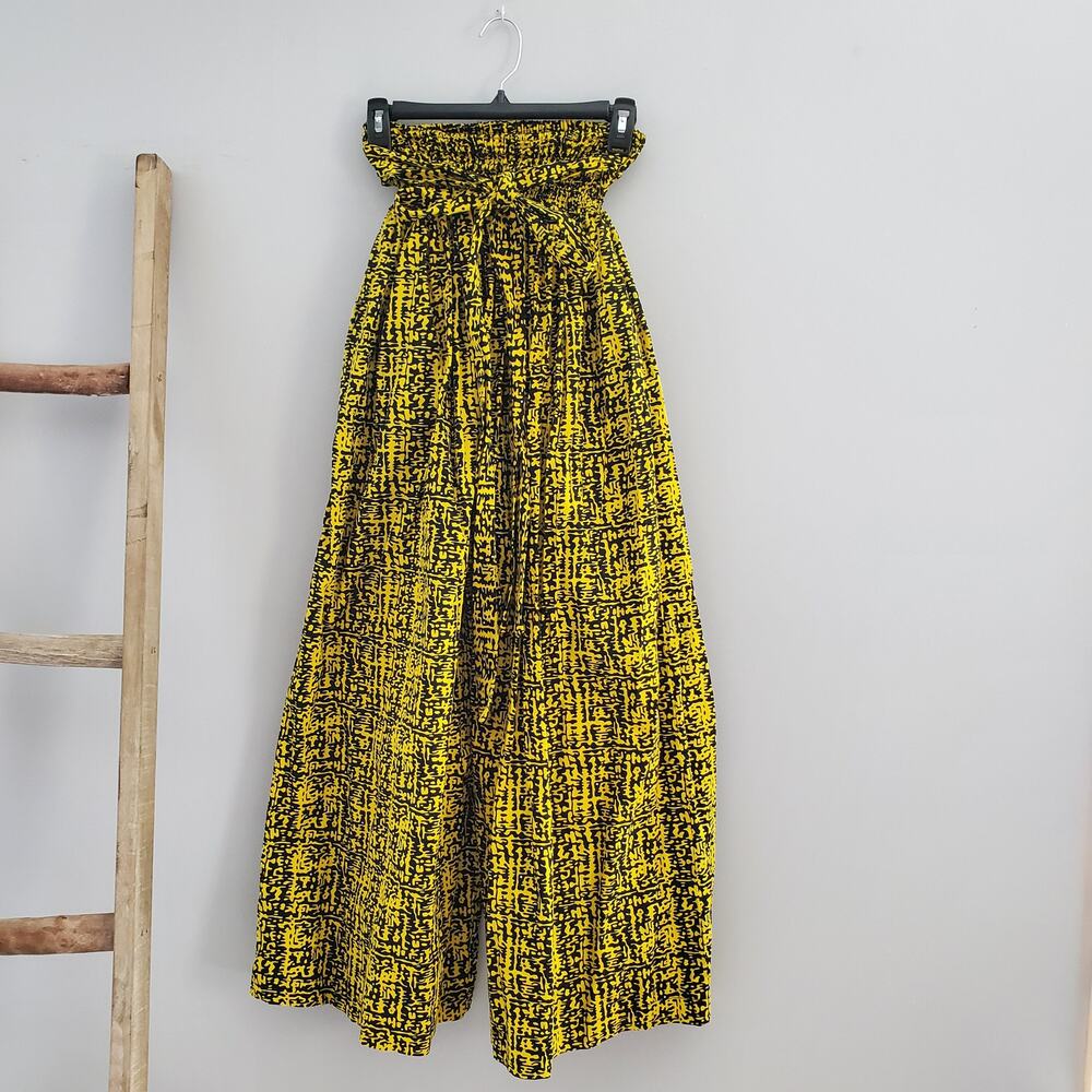 Women's Graphic Print Yellow & Black Wide Leg Belted Pants Size S